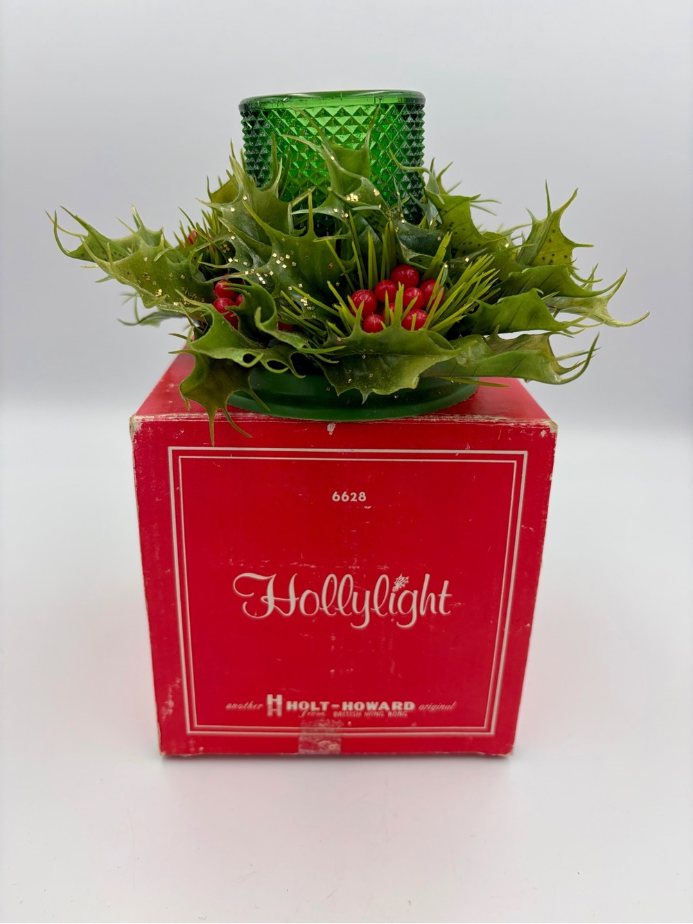Vintage 6628 Holt Howard Christmas 3.75 in Candle Holder Hollylight Green Votive
